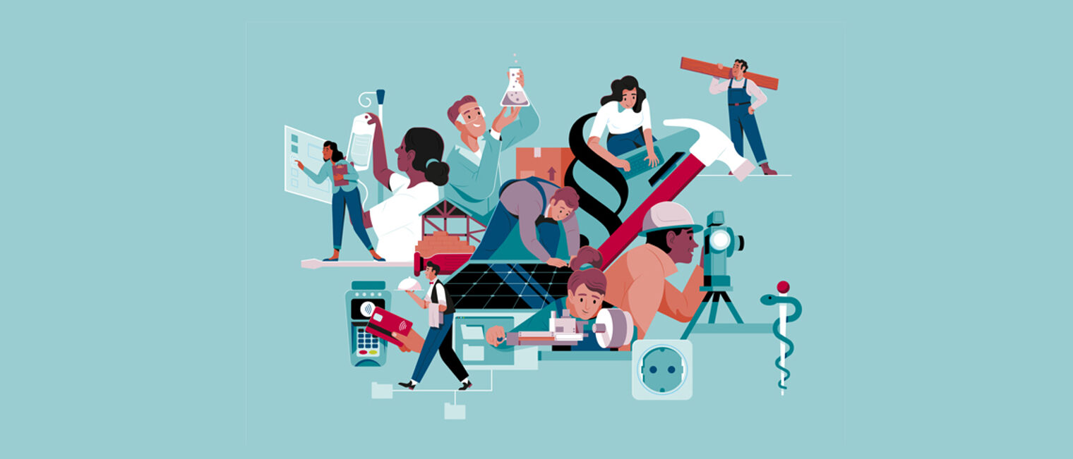 Sommer der Berufsbildung 2021 Grafische Darstellung des Sommers der Berufsbildung mit verschieden Handwerker/innen und verschiedenem Handwerk