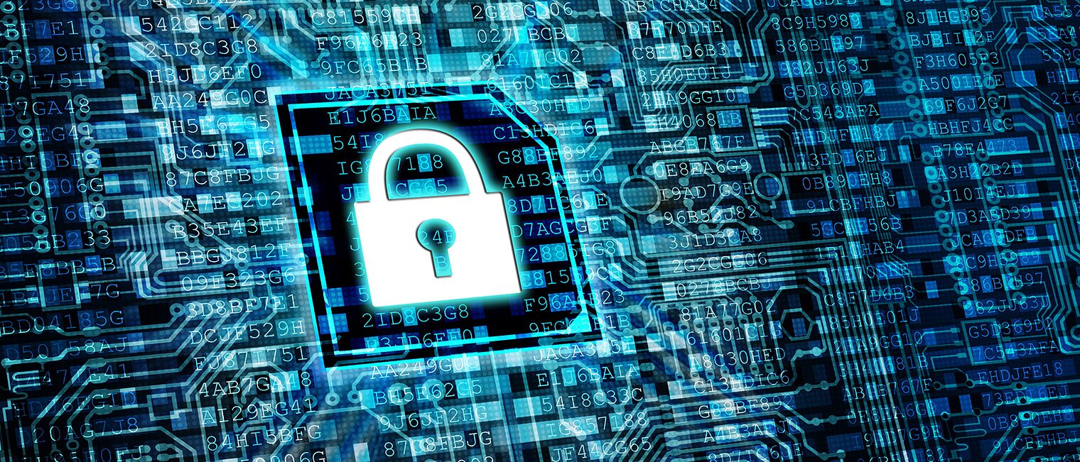 Datenflut und Datenschutz - viele Datensymbole und in der Mitte ein Schloss