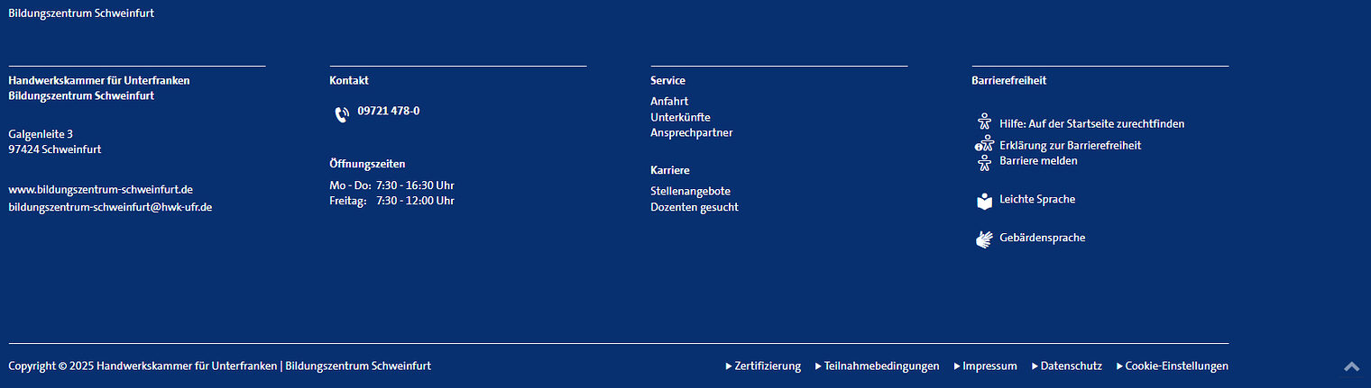 Footer Bildungszentrum Schweinfurt Screenshot des Footer-Bereichs auf www.bildungszentrum-schweinfurt.de