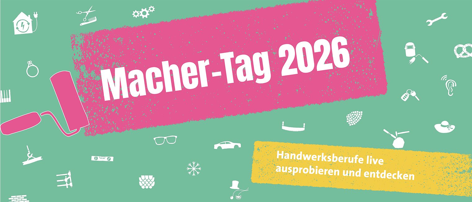 Weiße Icons zu Berufen auf mintfarbenem Hintergrund, Farbrolle in pink, die pinken Streifen zieht mit Schrift Macher-Tag 2026