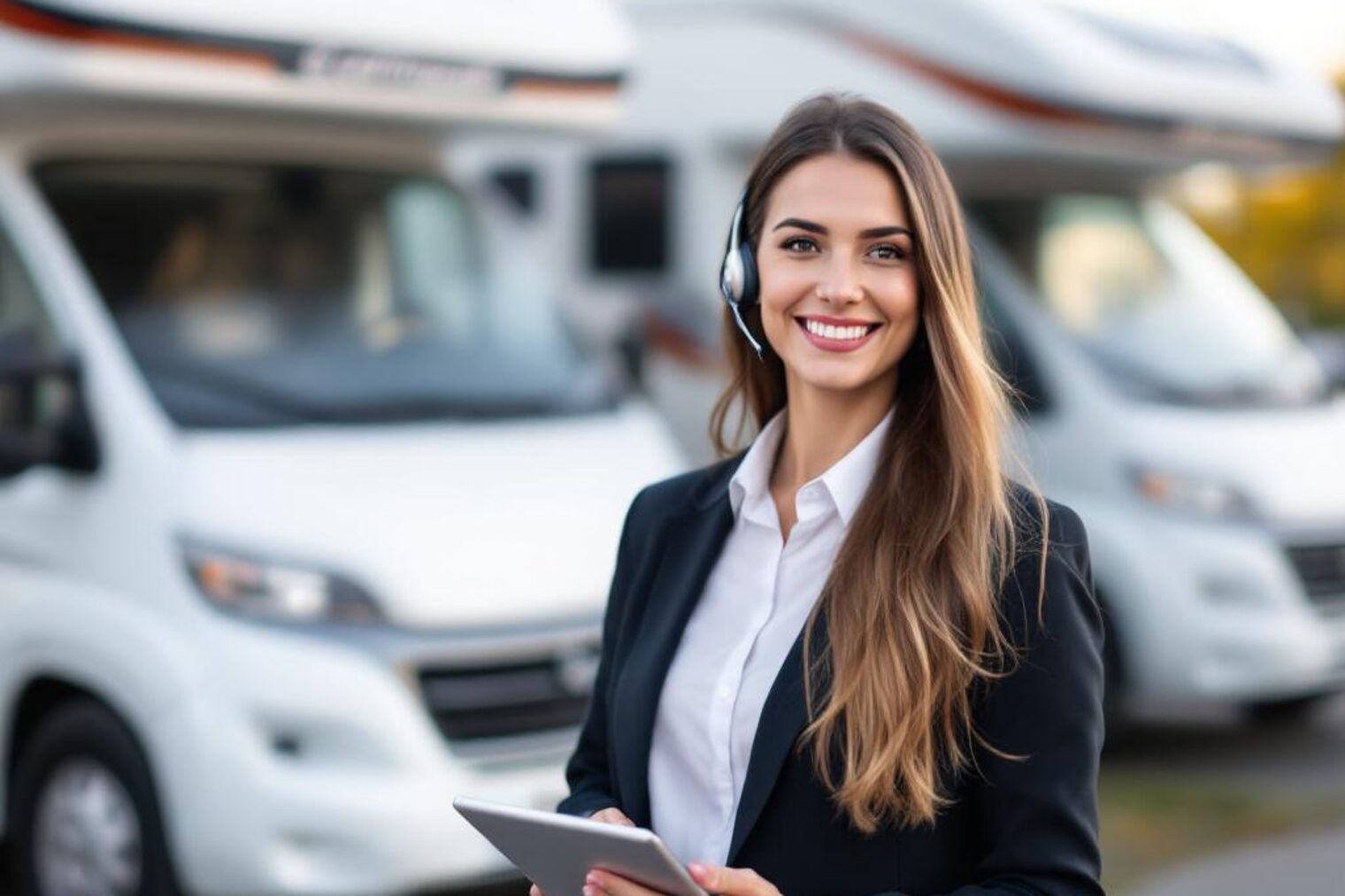 Serviceassistentin im Caravaningbetrieb Junge Frau im Businessoutfit mit Headset und Tablet steht lächelnd vor weißen Wohnmobilen.