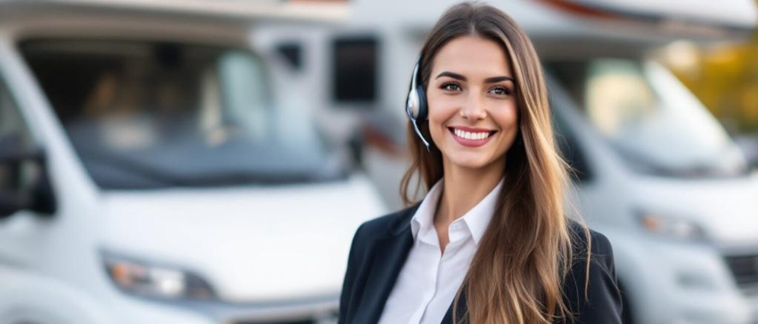 Serviceassistentin im Caravaningbetrieb Junge Frau im Businessoutfit mit Headset und Tablet steht lächelnd vor weißen Wohnmobilen.