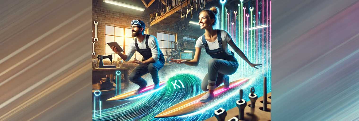 KI-generiertes Bild mit Zwei Handwerkern, die in einer Werkstatt surfen